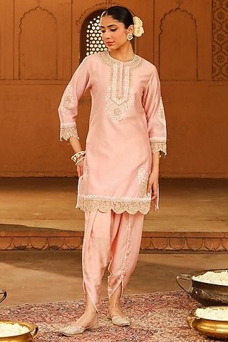 Blush Pink Silk Chanderi Embroidered Short Kurta Set For Girls by Sheetal Batra - Kids