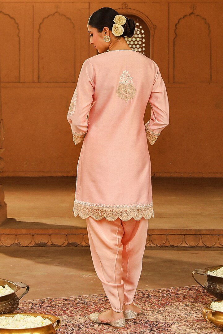 Blush Pink Silk Chanderi Embroidered Short Kurta Set For Girls by Sheetal Batra - Kids at Pernia's Pop Up Shop
