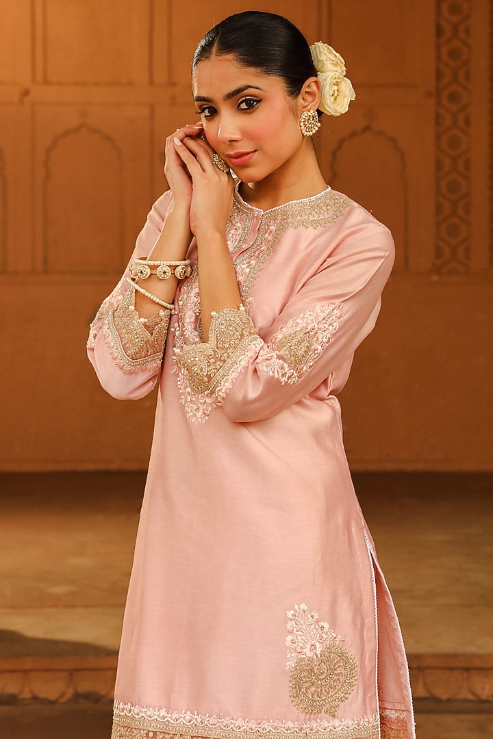 Blush Pink Silk Chanderi Embroidered Short Kurta Set For Girls by Sheetal Batra - Kids at Pernia's Pop Up Shop