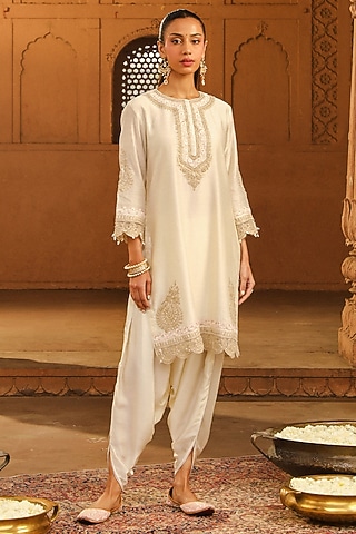 Ivory Silk Chanderi Embroidered Short Kurta Set For Girls by Sheetal Batra - Kids