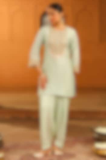 Misty Green Silk Chanderi Embroidered Short Kurta Set For Girls by Sheetal Batra - Kids at Pernia's Pop Up Shop