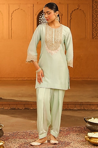 Misty Green Silk Chanderi Embroidered Short Kurta Set For Girls by Sheetal Batra - Kids