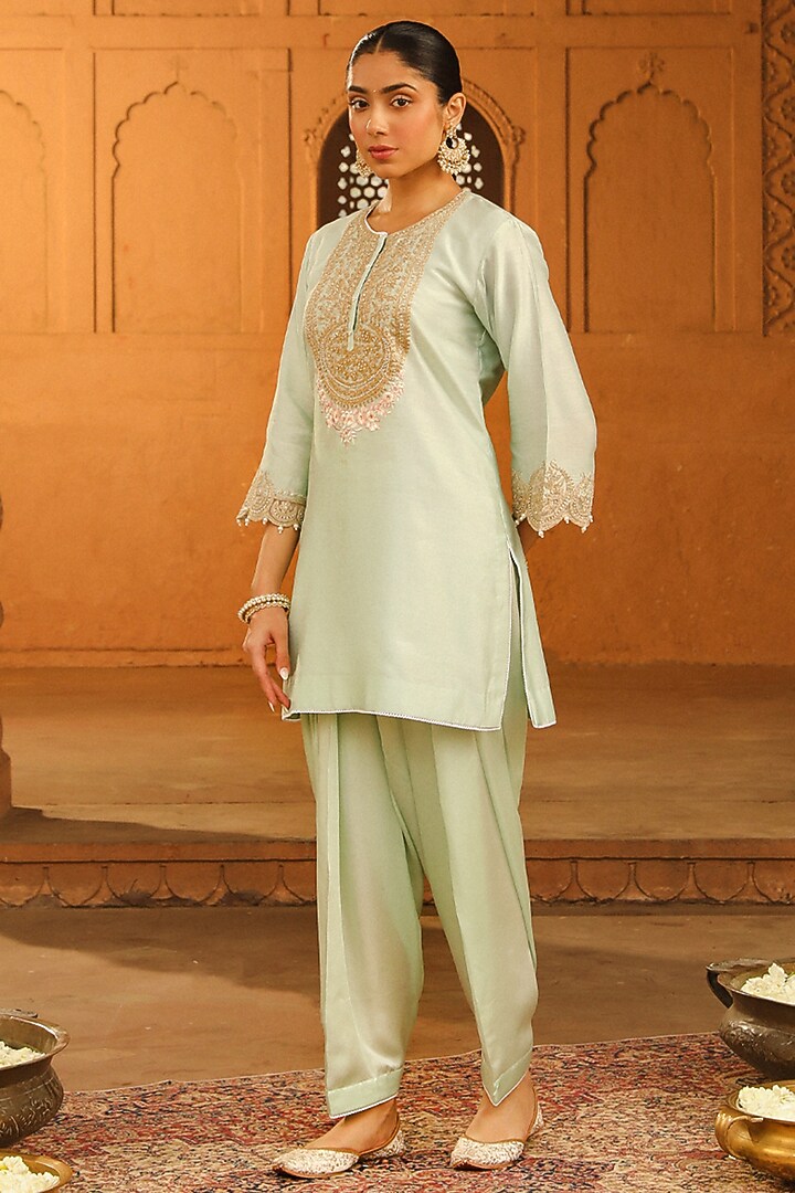 Misty Green Silk Chanderi Embroidered Short Kurta Set For Girls by Sheetal Batra - Kids at Pernia's Pop Up Shop