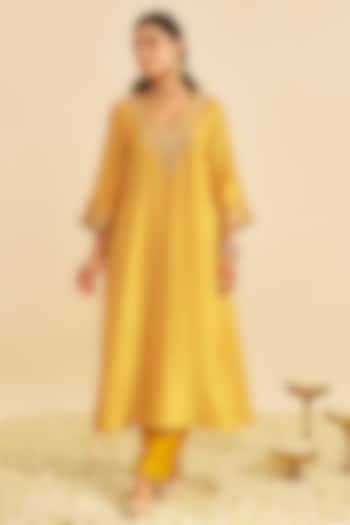 Mustard Pure Upada Silk Aari Embroidered A-Line Kaftan Set For Girls by Sheetal Batra - Kids at Pernia's Pop Up Shop