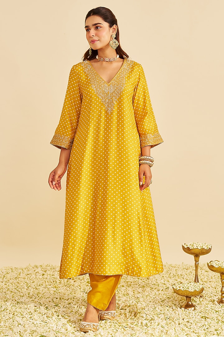 Mustard Pure Upada Silk Aari Embroidered A-Line Kaftan Set For Girls by Sheetal Batra - Kids at Pernia's Pop Up Shop