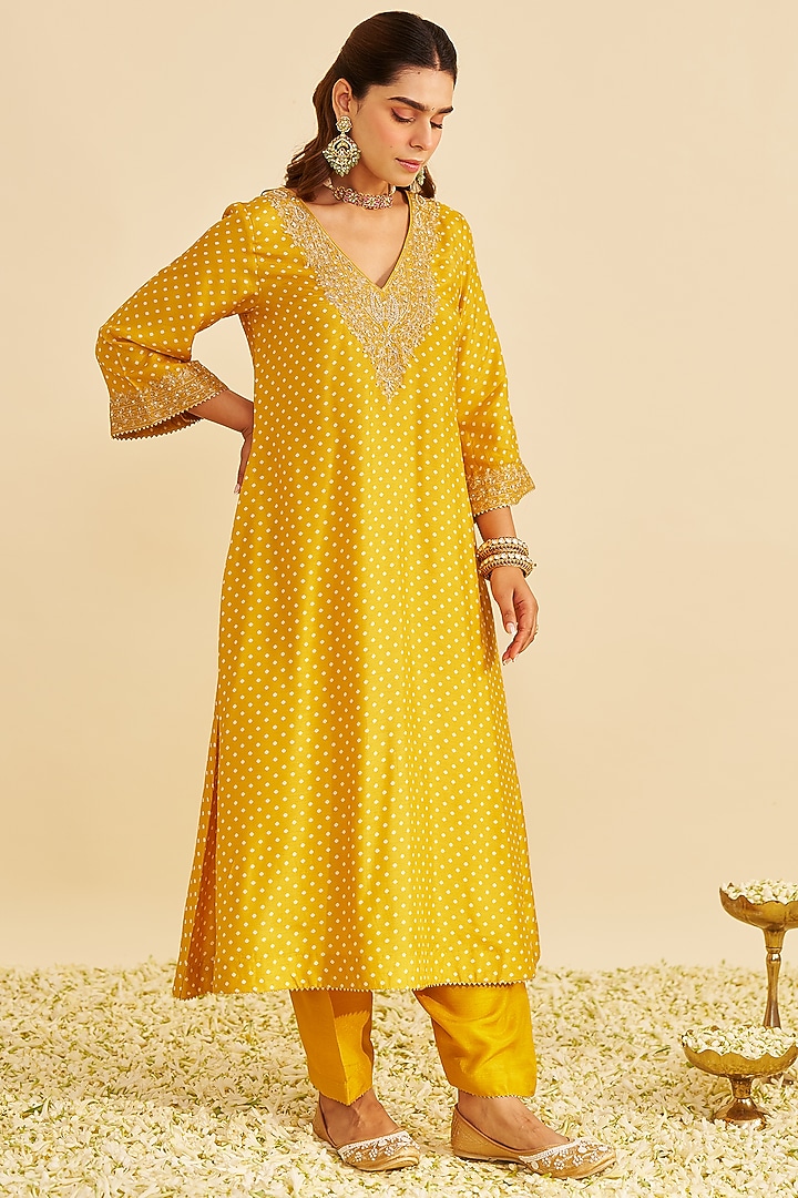 Mustard Pure Upada Silk Aari Embroidered A-Line Kaftan Set For Girls by Sheetal Batra - Kids at Pernia's Pop Up Shop