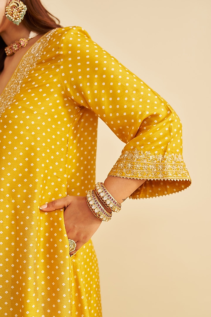 Mustard Pure Upada Silk Aari Embroidered A-Line Kaftan Set For Girls by Sheetal Batra - Kids at Pernia's Pop Up Shop