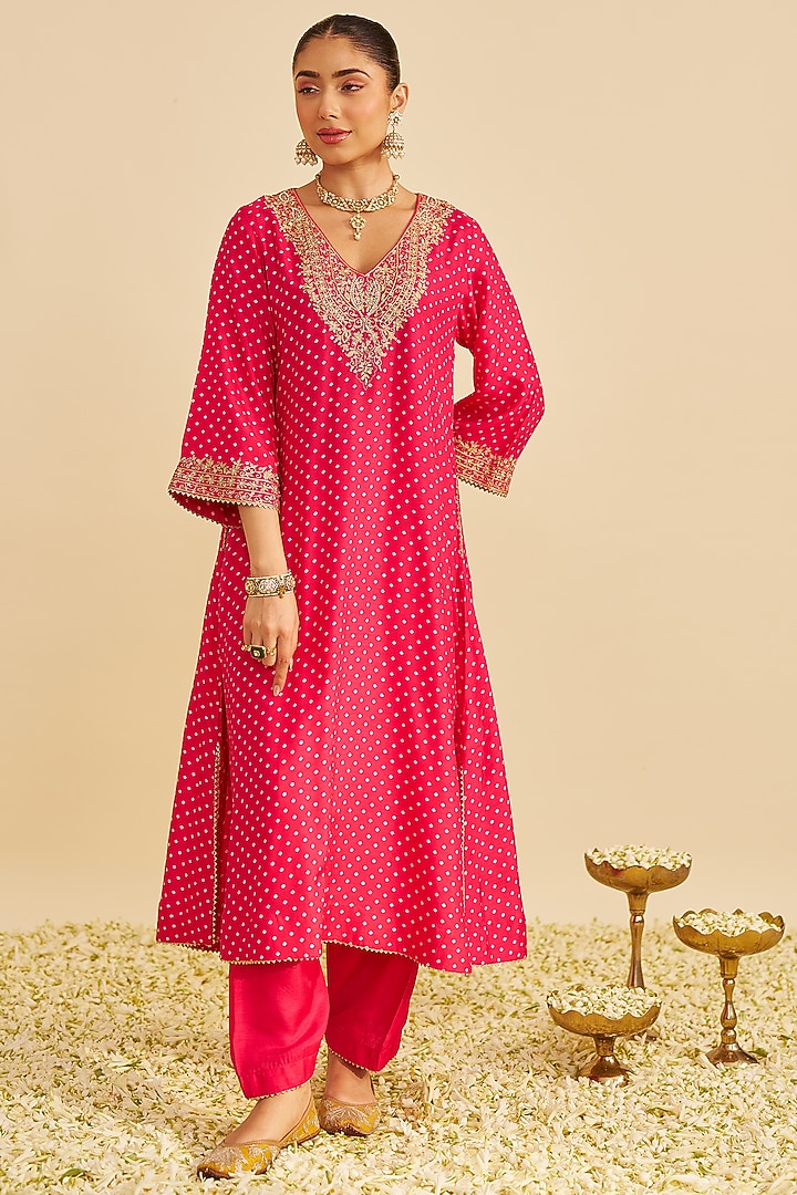 Hot Pink Pure Upada Silk Embroidered A-Line Kaftan Set For Girls by Sheetal Batra - Kids at Pernia's Pop Up Shop