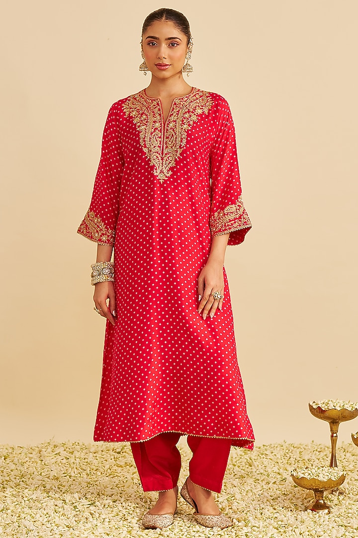 Red Pure Upada Silk Sequins Embroidered Kaftan Set For Girls by Sheetal Batra - Kids at Pernia's Pop Up Shop