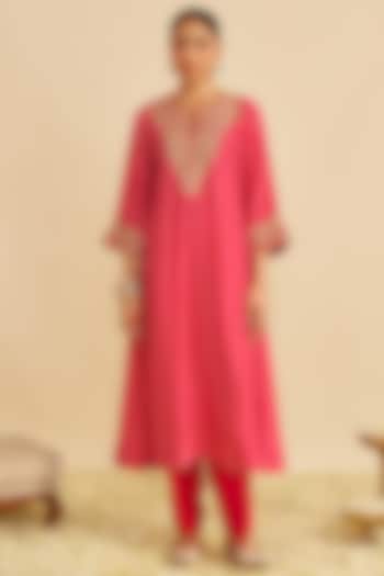 Hot Pink Pure Upada Silk Sequins Embroidered Kaftan Set For Girls by Sheetal Batra - Kids at Pernia's Pop Up Shop