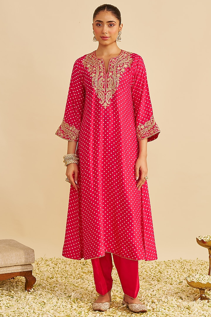 Hot Pink Pure Upada Silk Sequins Embroidered Kaftan Set For Girls by Sheetal Batra - Kids at Pernia's Pop Up Shop