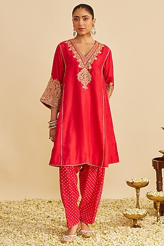 Red Pure Upada Silk Gota Embroidered Kurta Set For Girls by Sheetal Batra - Kids