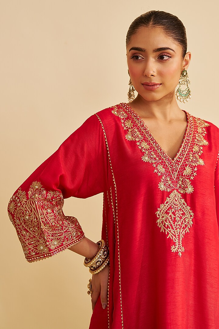 Red Pure Upada Silk Gota Embroidered Kurta Set For Girls by Sheetal Batra - Kids at Pernia's Pop Up Shop