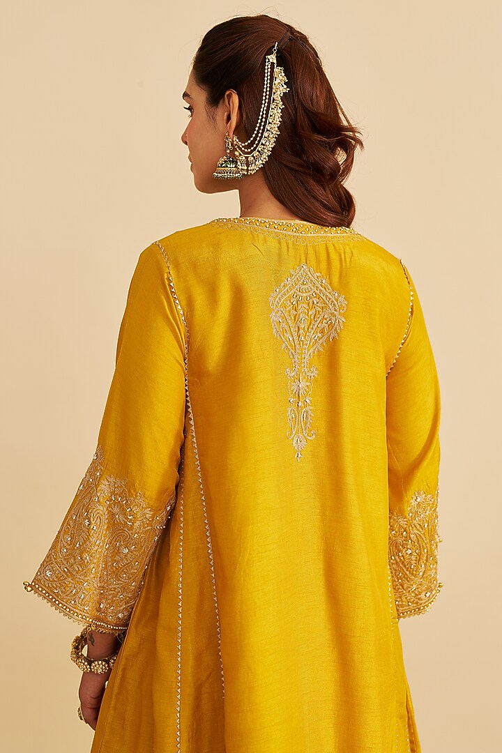 Mustard Pure Upada Silk Gota Embroidered Kurta Set For Girls by Sheetal Batra - Kids at Pernia's Pop Up Shop