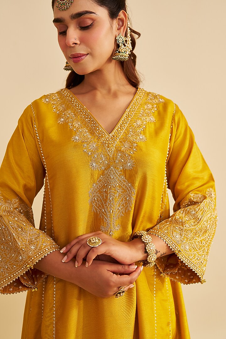 Mustard Pure Upada Silk Gota Embroidered Kurta Set For Girls by Sheetal Batra - Kids at Pernia's Pop Up Shop