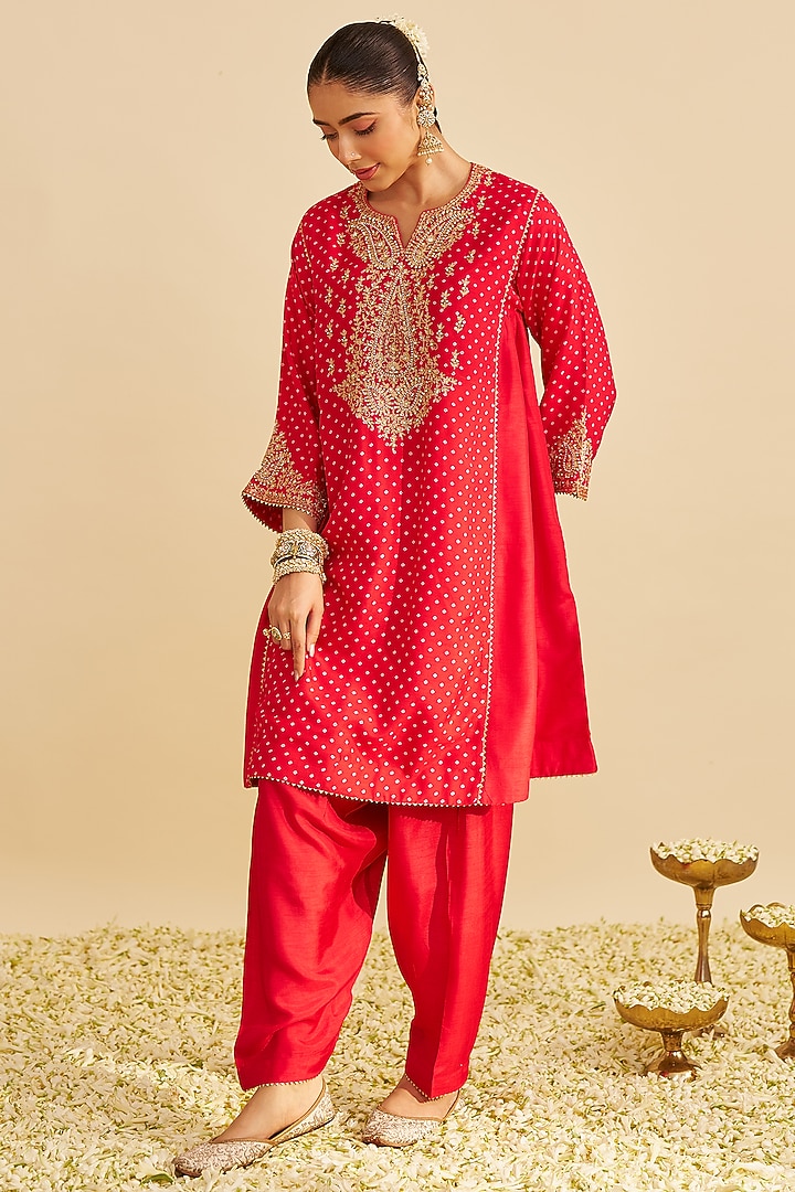 Red Pure Upada Silk Gota Embroidered Kurta Set For Girls by Sheetal Batra - Kids at Pernia's Pop Up Shop