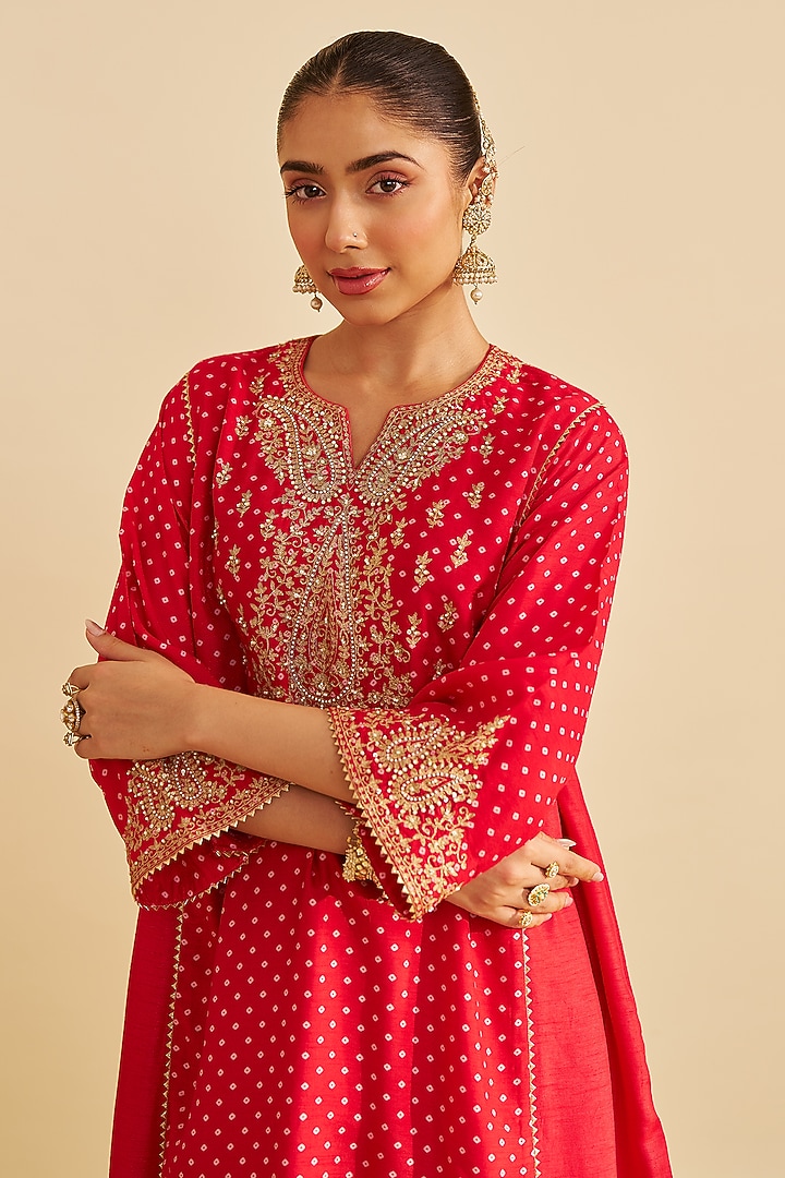 Red Pure Upada Silk Gota Embroidered Kurta Set For Girls by Sheetal Batra - Kids at Pernia's Pop Up Shop