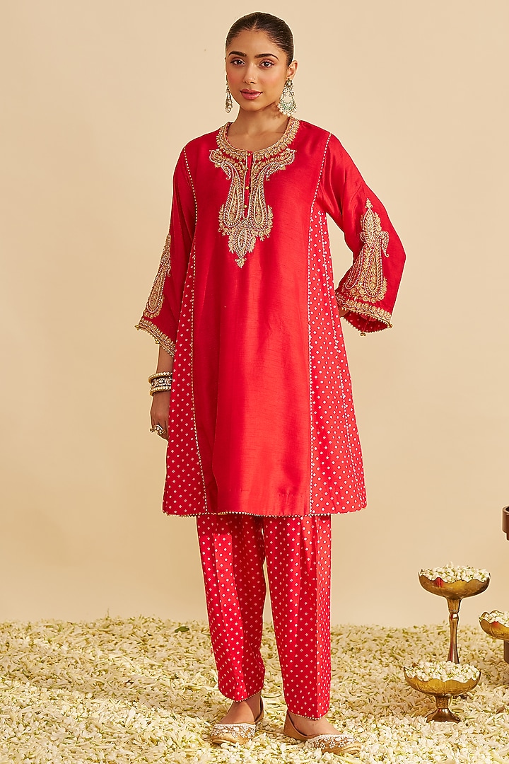 Red Pure Upada Silk Gota Embroidered Kurta Set For Girls by Sheetal Batra - Kids at Pernia's Pop Up Shop