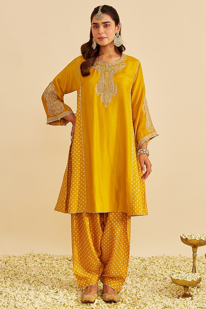 Mustard Pure Upada Silk Zardosi Embroidered Short Kurta Set For Girls by Sheetal Batra - Kids at Pernia's Pop Up Shop