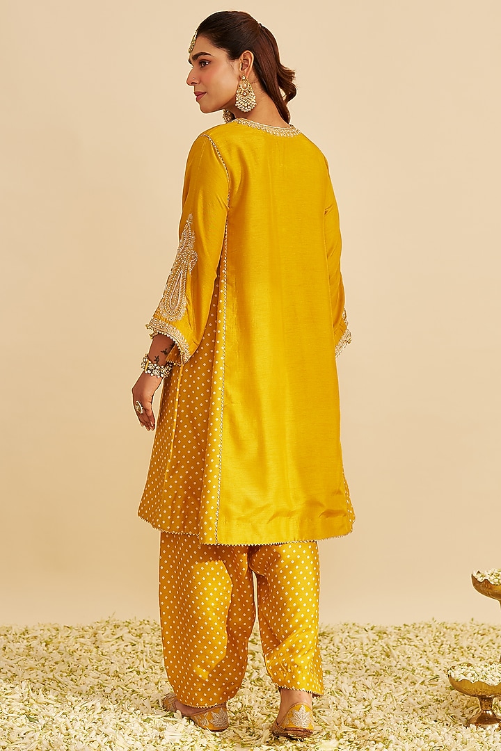 Mustard Pure Upada Silk Zardosi Embroidered Short Kurta Set For Girls by Sheetal Batra - Kids at Pernia's Pop Up Shop