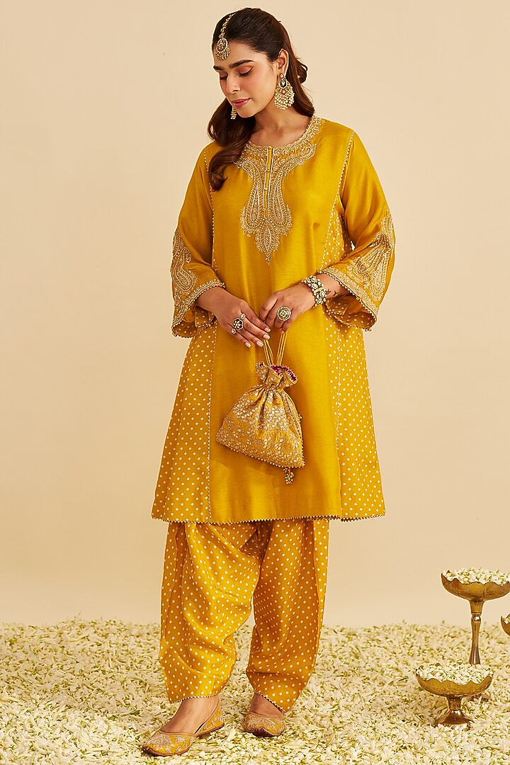 Mustard Pure Upada Silk Zardosi Embroidered Short Kurta Set For Girls by Sheetal Batra - Kids at Pernia's Pop Up Shop