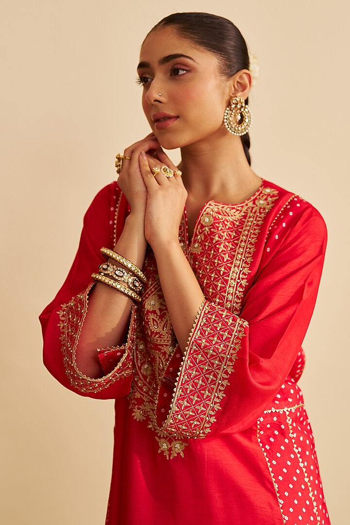 Red Pure Upada Silk Sequins Embroidered Kurta Set For Girls by Sheetal Batra - Kids at Pernia's Pop Up Shop