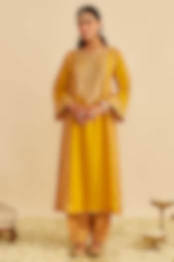 Mustard Pure Upada Silk Sequins Embroidered Kurta Set For Girls by Sheetal Batra - Kids at Pernia's Pop Up Shop