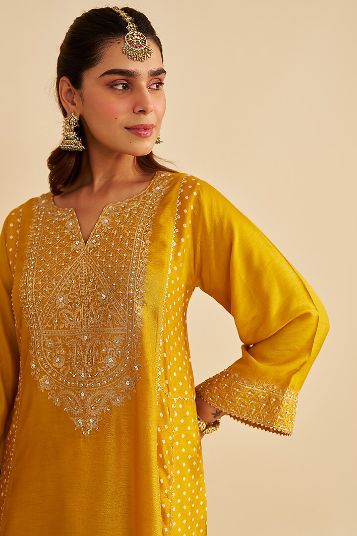 Mustard Pure Upada Silk Sequins Embroidered Kurta Set For Girls by Sheetal Batra - Kids at Pernia's Pop Up Shop