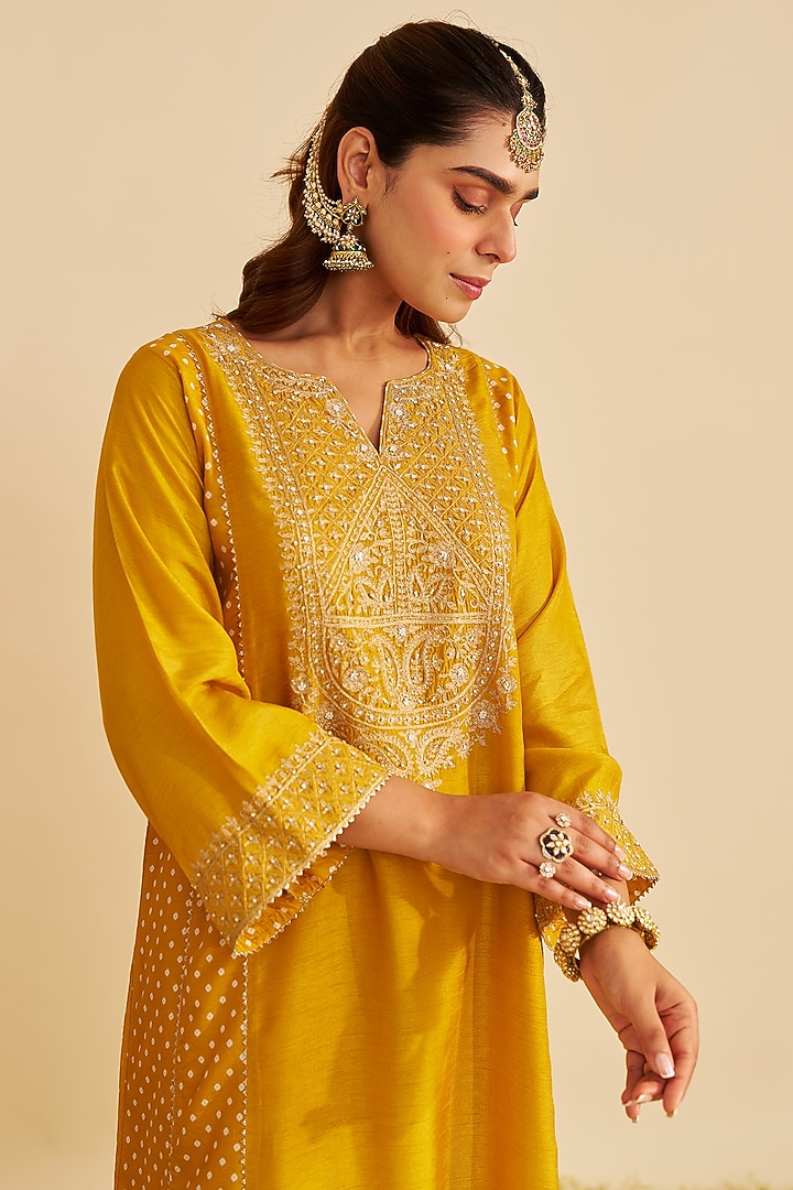Mustard Pure Upada Silk Sequins Embroidered Kurta Set For Girls by Sheetal Batra - Kids at Pernia's Pop Up Shop