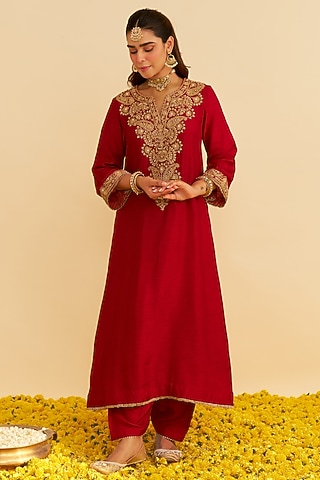 Deep Red Upada Silk Kiran Dori Embroidered Long Kaftan Set For Girls by Sheetal Batra - Kids