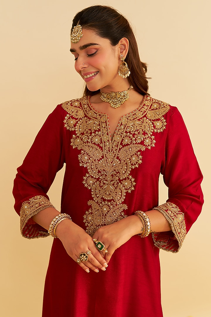 Deep Red Upada Silk Kiran Dori Embroidered Long Kaftan Set For Girls by Sheetal Batra - Kids at Pernia's Pop Up Shop