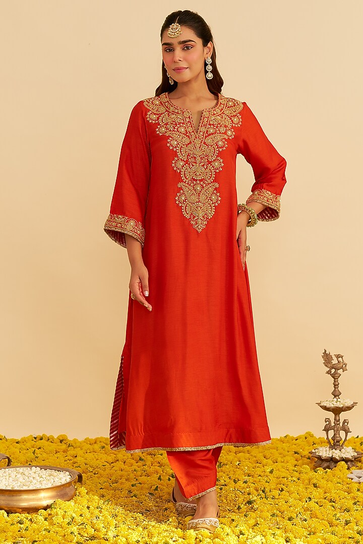 Burnt Orange Upada Silk Kiran Dori Embroidered Kaftan Set For Girls by Sheetal Batra - Kids at Pernia's Pop Up Shop
