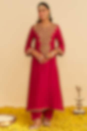 Hot Pink Upada Silk Kiran Dori Embroidered Long Kaftan Set For Girls by Sheetal Batra - Kids at Pernia's Pop Up Shop