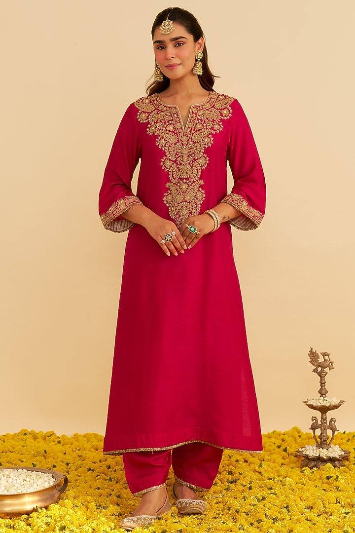 Hot Pink Upada Silk Kiran Dori Embroidered Long Kaftan Set For Girls by Sheetal Batra - Kids at Pernia's Pop Up Shop
