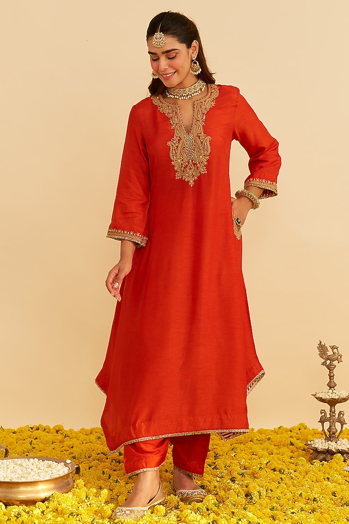 Burnt Orange Upada Silk Kiran Dori Embroidered Kaftan Set For Girls by Sheetal Batra - Kids at Pernia's Pop Up Shop