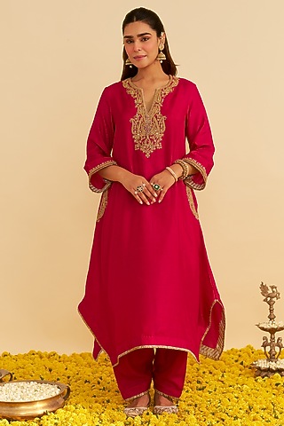 Hot Pink Upada Silk Kiran Dori Embroidered Kaftan Set For Girls by Sheetal Batra - Kids