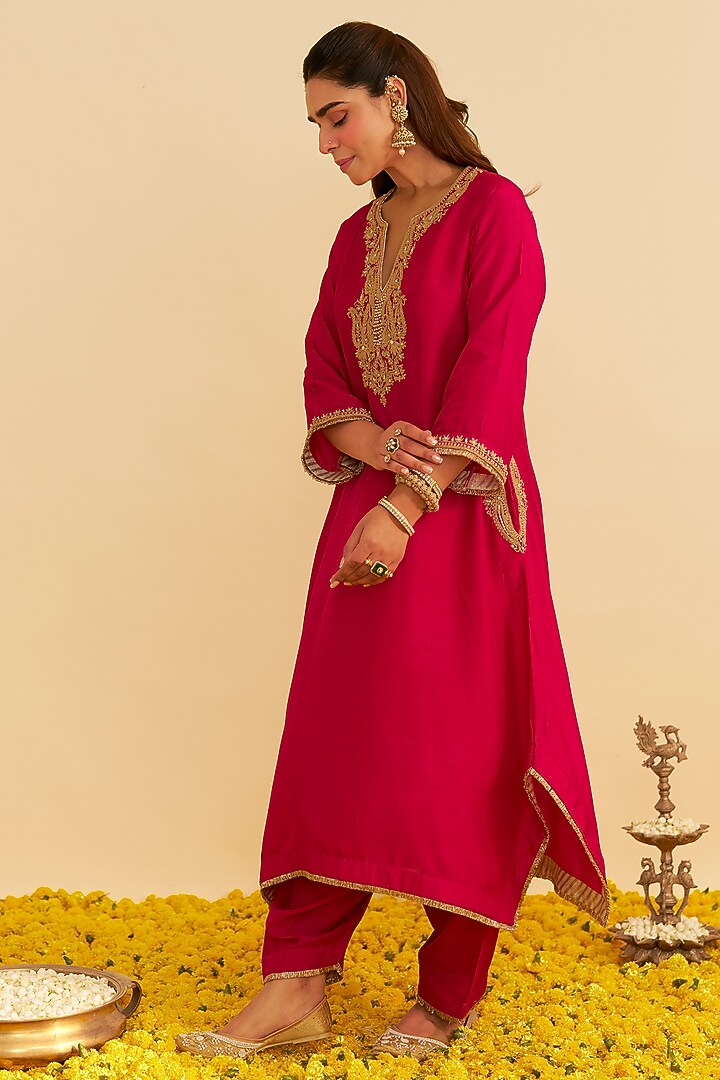 Hot Pink Upada Silk Kiran Dori Embroidered Kaftan Set For Girls by Sheetal Batra - Kids at Pernia's Pop Up Shop