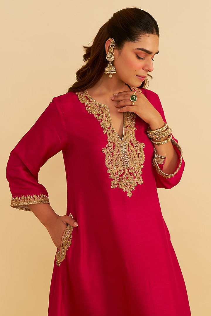 Hot Pink Upada Silk Kiran Dori Embroidered Kaftan Set For Girls by Sheetal Batra - Kids at Pernia's Pop Up Shop