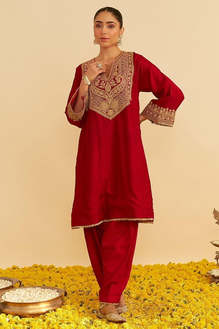 Deep Red Upada Silk Kiran Dori Embroidered Kurta Set For Girls by Sheetal Batra - Kids at Pernia's Pop Up Shop