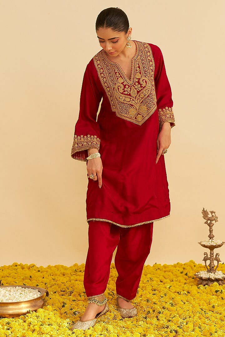 Deep Red Upada Silk Kiran Dori Embroidered Kurta Set For Girls by Sheetal Batra - Kids at Pernia's Pop Up Shop