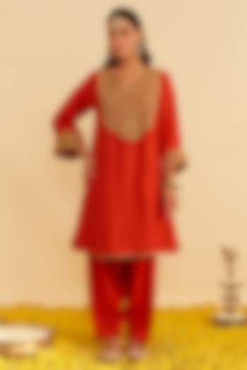 Burnt Orange Upada Silk Kiran Dori Embroidered Kurta Set For Girls by Sheetal Batra - Kids at Pernia's Pop Up Shop