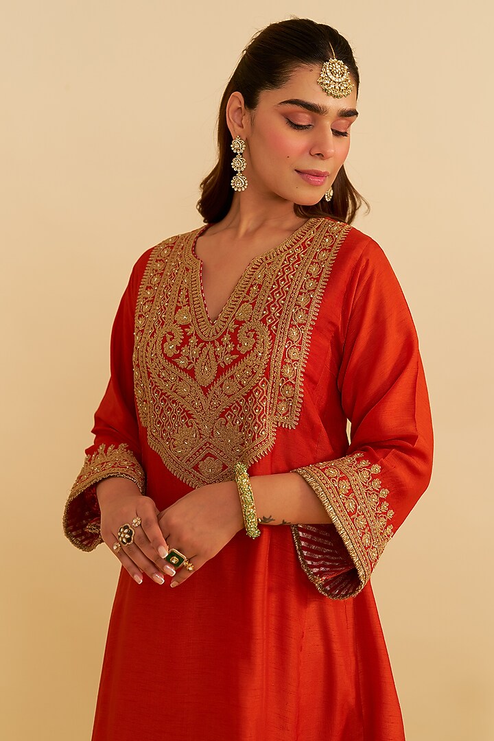 Burnt Orange Upada Silk Kiran Dori Embroidered Kurta Set For Girls by Sheetal Batra - Kids at Pernia's Pop Up Shop