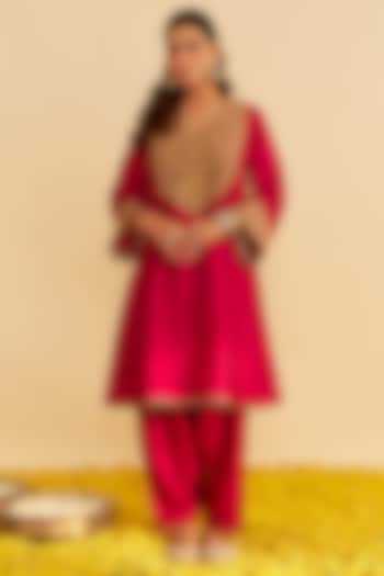 Hot Pink Upada Silk Kiran Dori Embroidered Kurta Set For Girls by Sheetal Batra - Kids at Pernia's Pop Up Shop