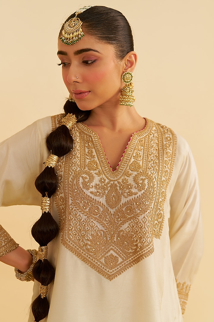 Daisy Ivory Upada Silk Kiran Dori Embroidered Kurta Set For Girls by Sheetal Batra - Kids at Pernia's Pop Up Shop