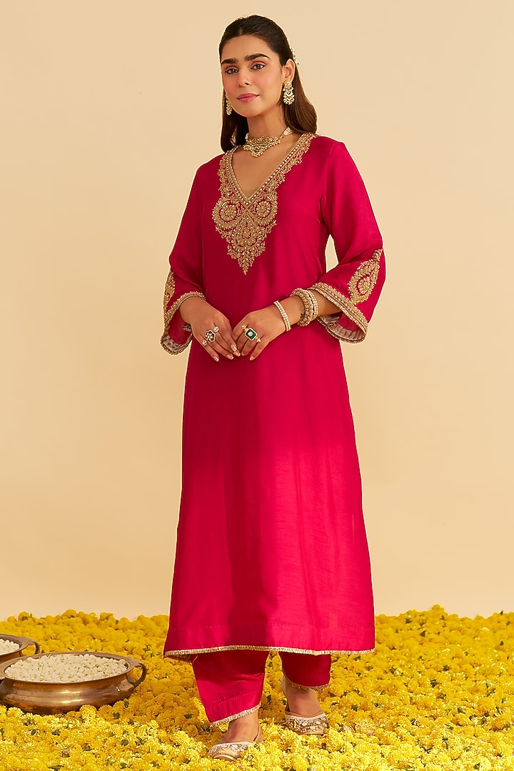Hot Pink Upada Silk Dori Embroidered Kaftan Set For Girls by Sheetal Batra - Kids at Pernia's Pop Up Shop