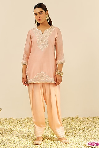 Rose-Colored Chanderi Silk Gara Embroidered Kurta Set For Girls by Sheetal Batra - Kids