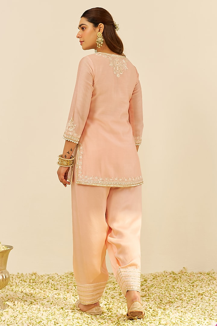 Rose-Colored Chanderi Silk Gara Embroidered Kurta Set For Girls by Sheetal Batra - Kids at Pernia's Pop Up Shop