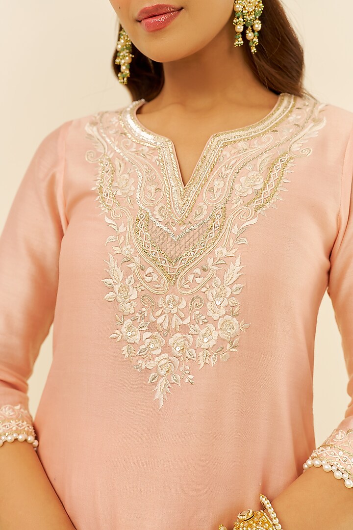 Rose-Colored Chanderi Silk Gara Embroidered Kurta Set For Girls by Sheetal Batra - Kids at Pernia's Pop Up Shop
