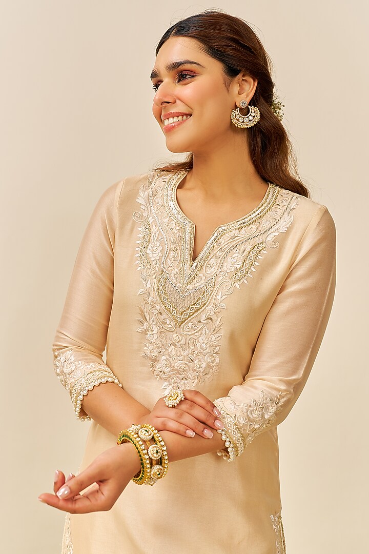 Beige Chanderi Silk Embroidered A-Line Kurta Set For Girls by Sheetal Batra - Kids at Pernia's Pop Up Shop