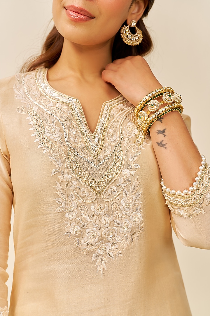 Beige Chanderi Silk Embroidered A-Line Kurta Set For Girls by Sheetal Batra - Kids at Pernia's Pop Up Shop